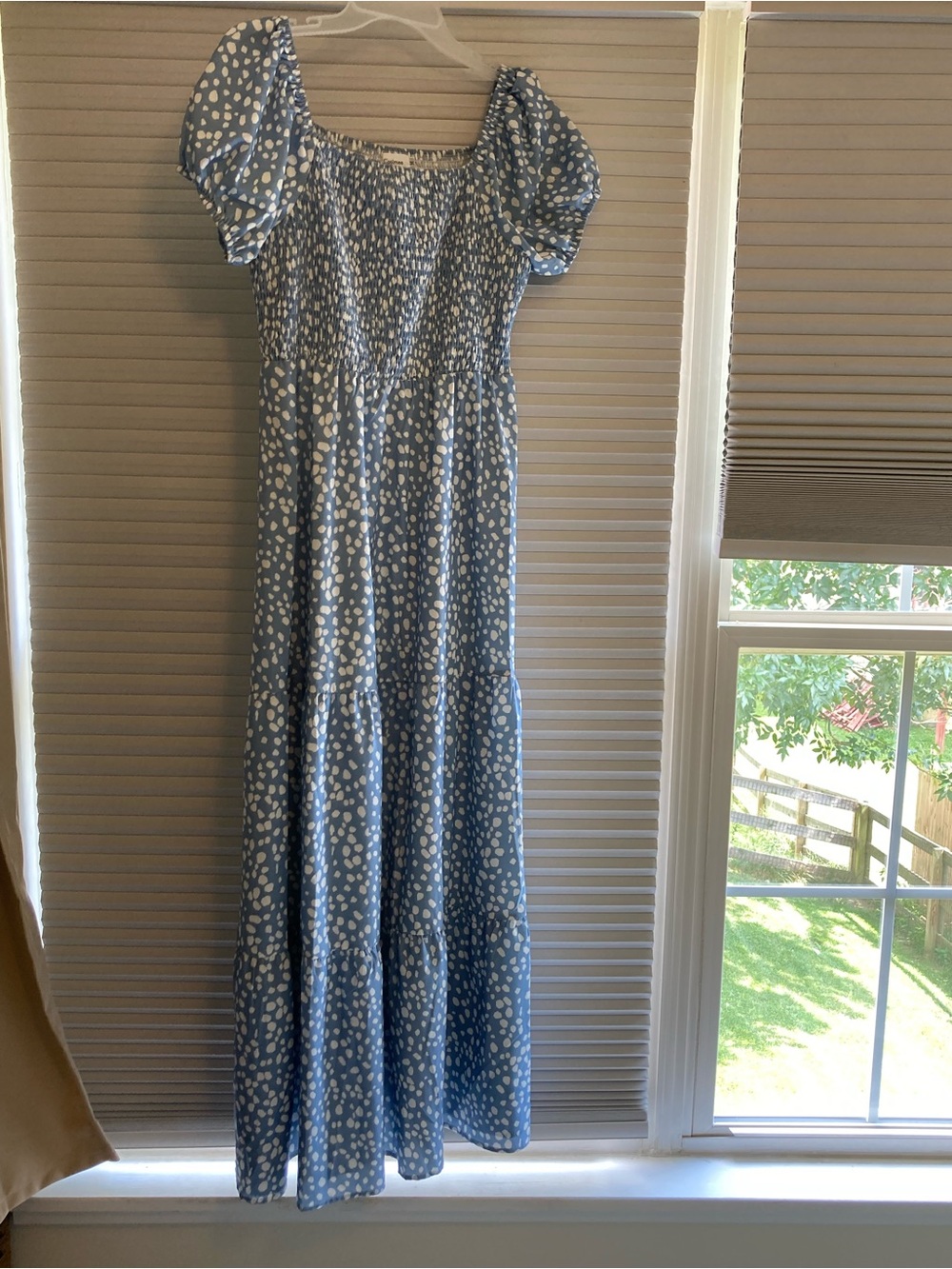 Smocked Puff-Sleeve Blue Polka Dot Maxi Dress